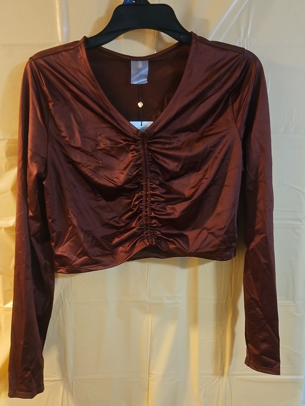 CALIA Long Sleeve Ruched Swim Rashguard: RED BROWN SHINE: NEW WITH TAGS: SIZE L